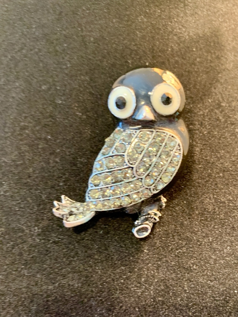 Crystal Owl Brooch Pin in Black and Silver